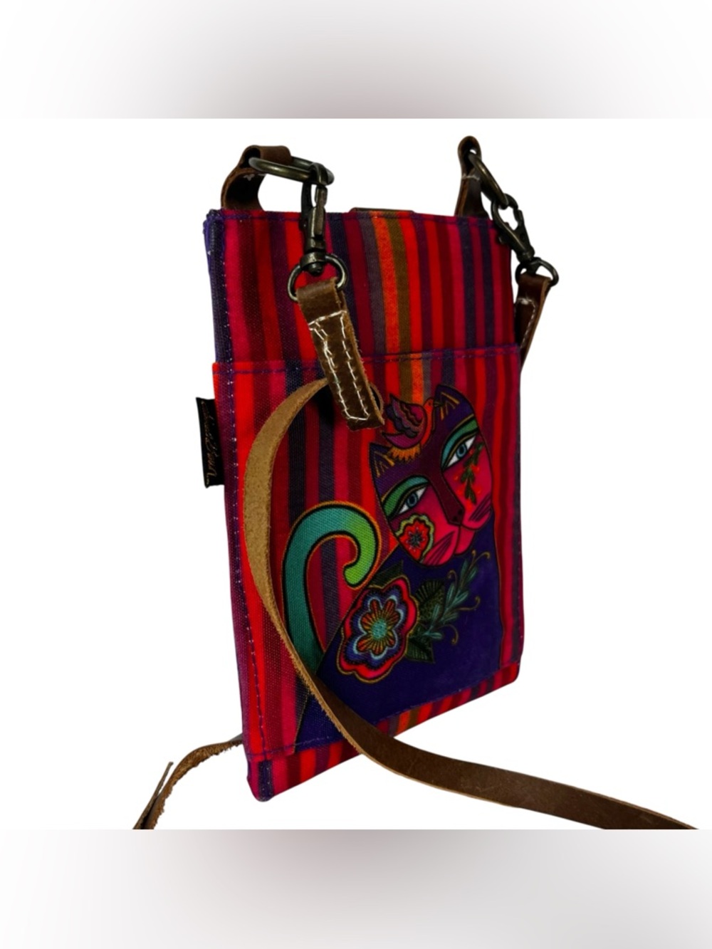 Laurel Burch Cat Crossbody Phone Bag Red Purple Striped 7.5 x 5.5 - Picture 2 of 4